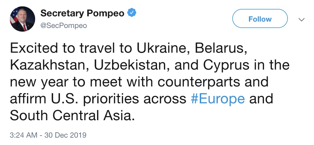 Госсекретарь США Майк Помпео приедет в Беларусь 4 января