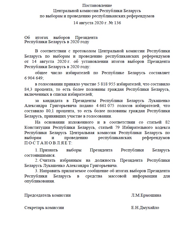 Лукашенко: Около 6 млн человек проголосовали за действующую власть