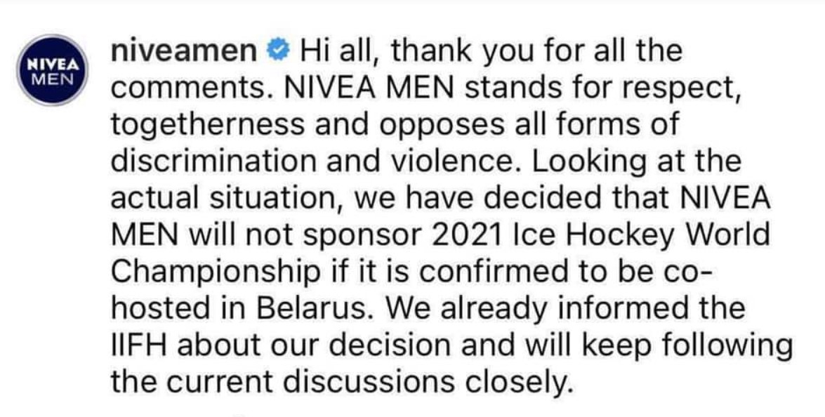Nivea отказалась спонсировать ЧМ по хоккею, если он будет в Беларуси