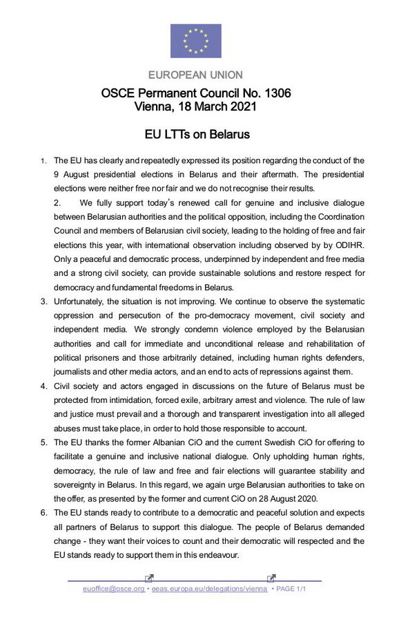 Страны ЕС в ОБСЕ поддержали призыв к диалогу между беларусскими властями и оппозицией