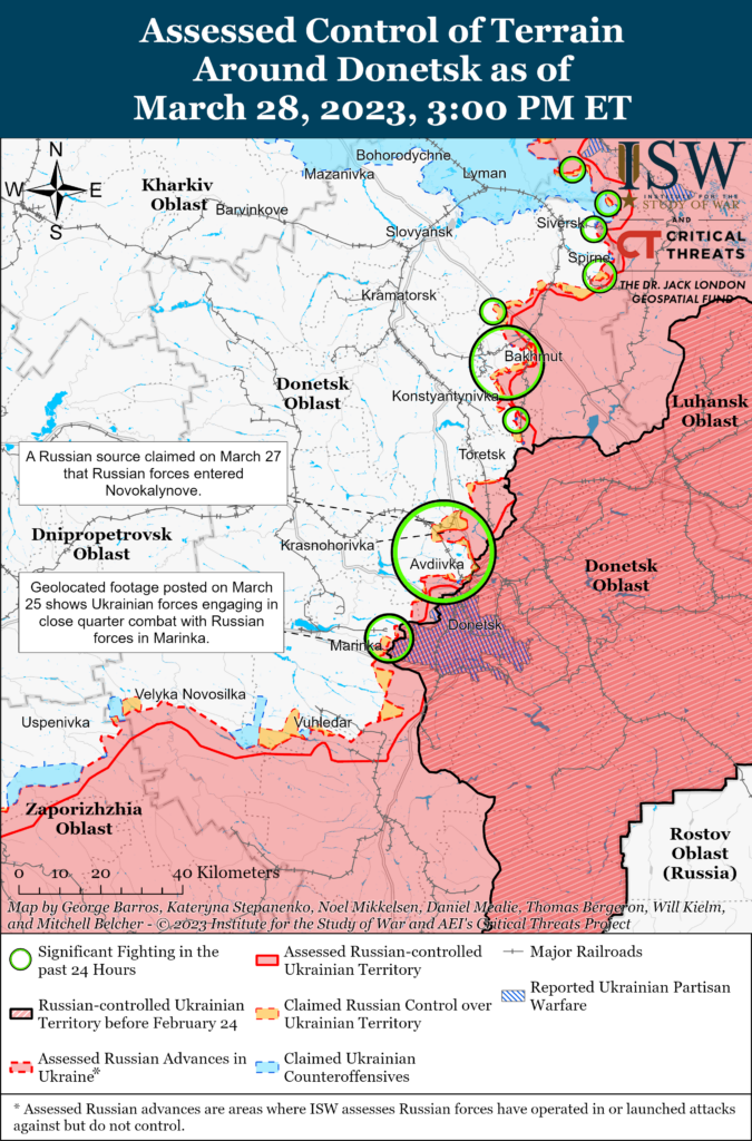 Линия фронта на 28 марта 2023 года. Центральный участок. Источник: Institute for the Study of War, Critical Threats Project