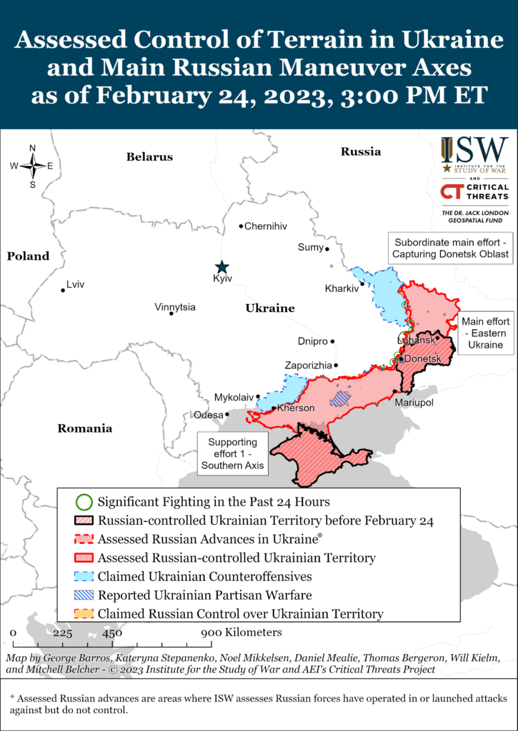 Линия фронта на 24 февраля 2023 года. Источник: Institute for the Study of War, Critical Threats Project